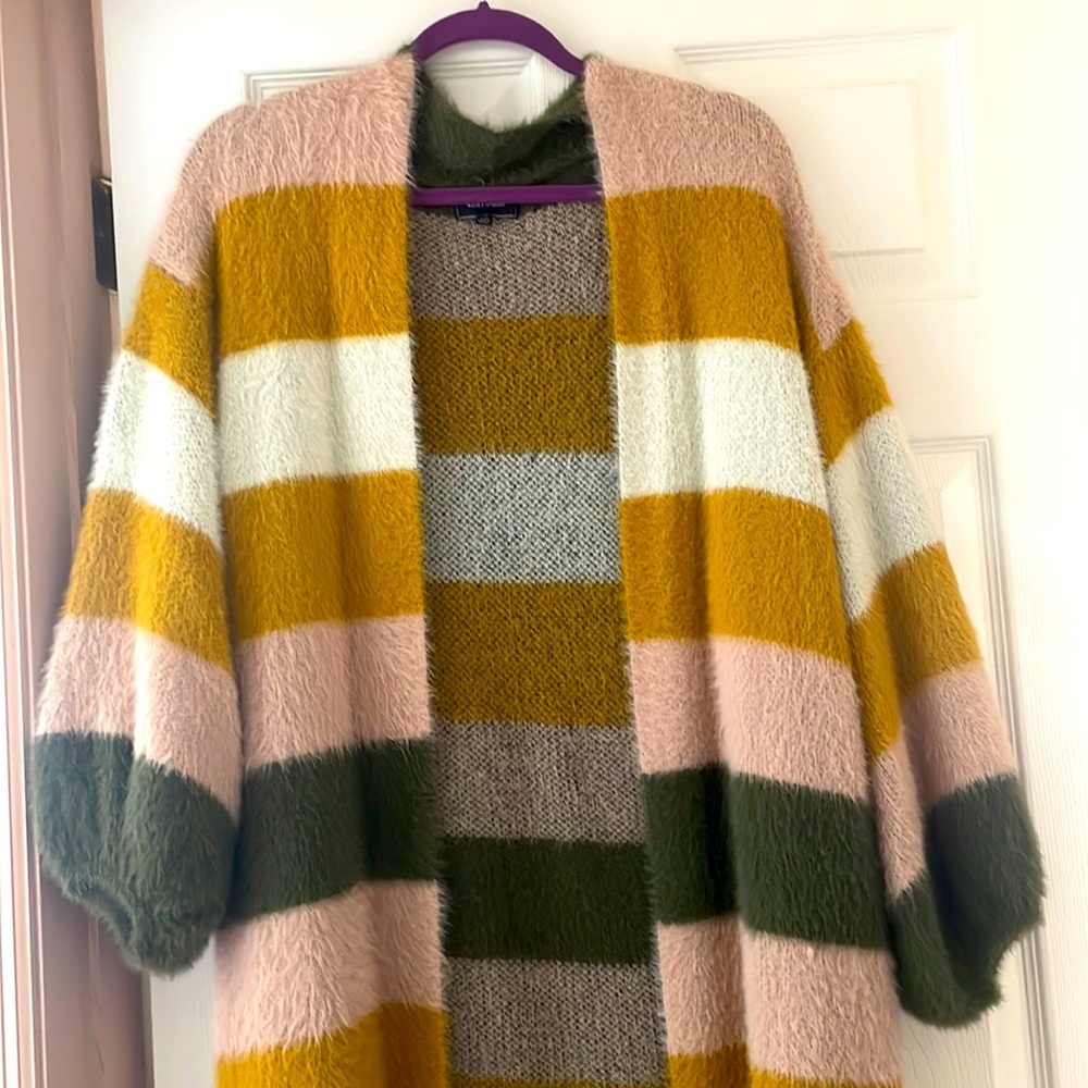 Adorable multi color striped duster sweater with balloon sleeve detail